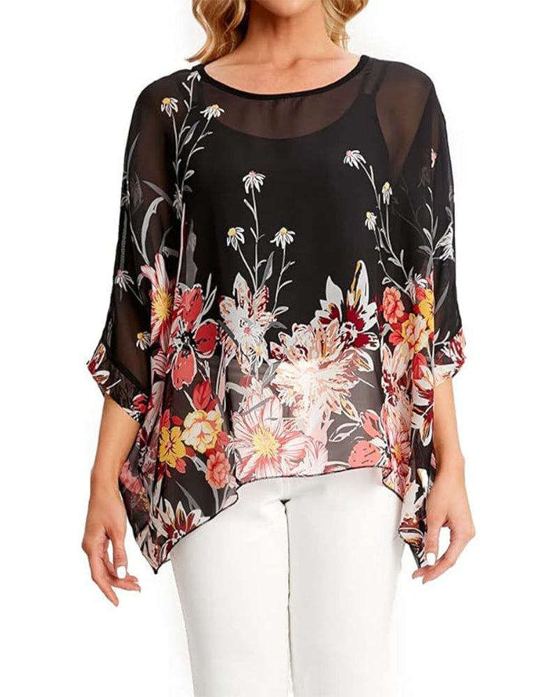 Blouse Manche Trois-Quarts Ample Imprimée Asymétrique