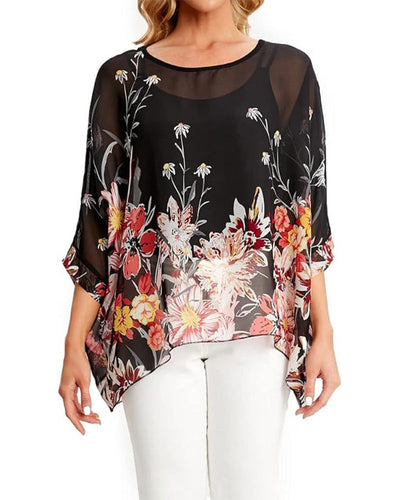 Blouse Manche Trois-Quarts Ample Imprimée Asymétrique