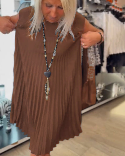 Robe décontractée plissée de couleur unie à col rond
