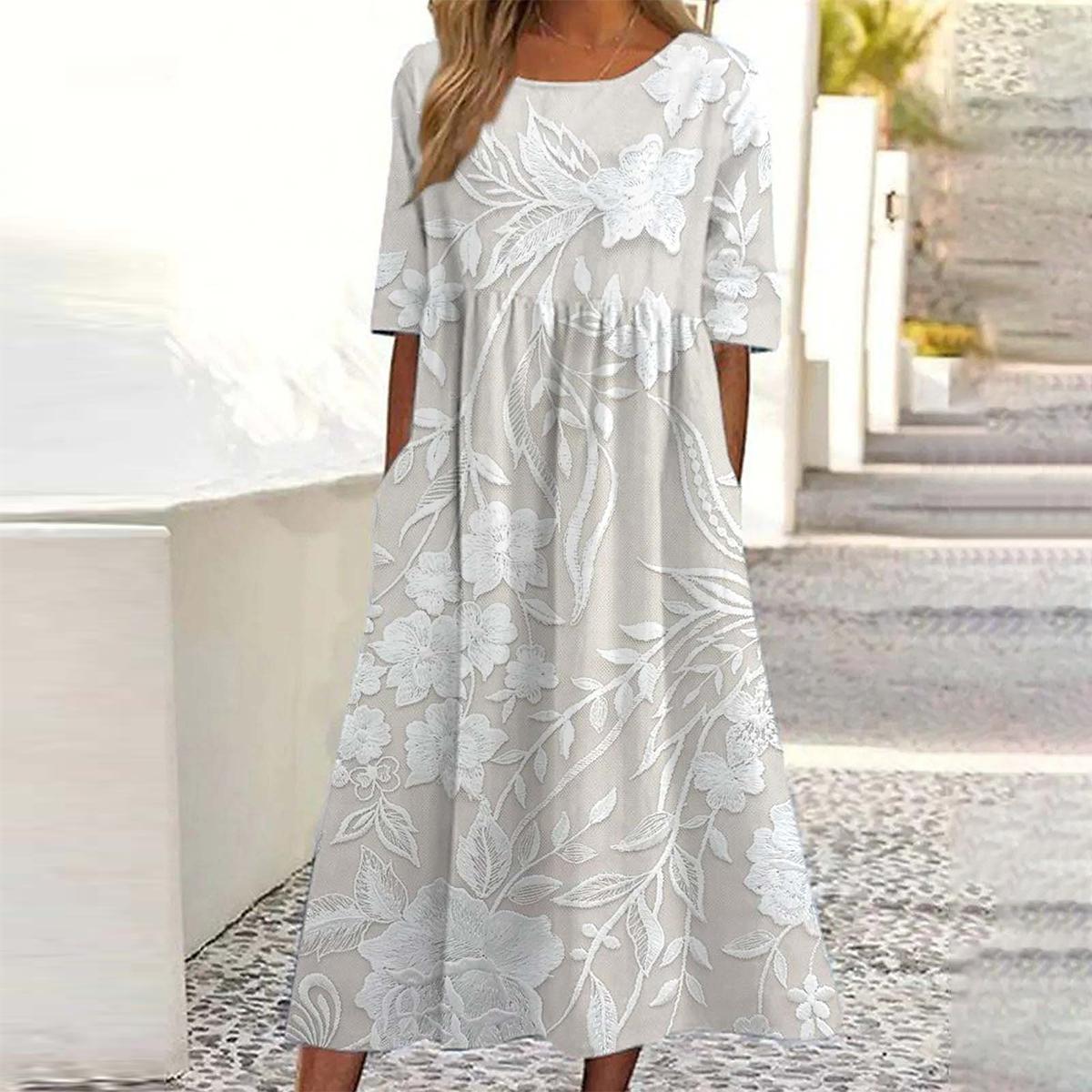 Amélie – Robe Midi Classique avec Imprimé & Poches Latérales