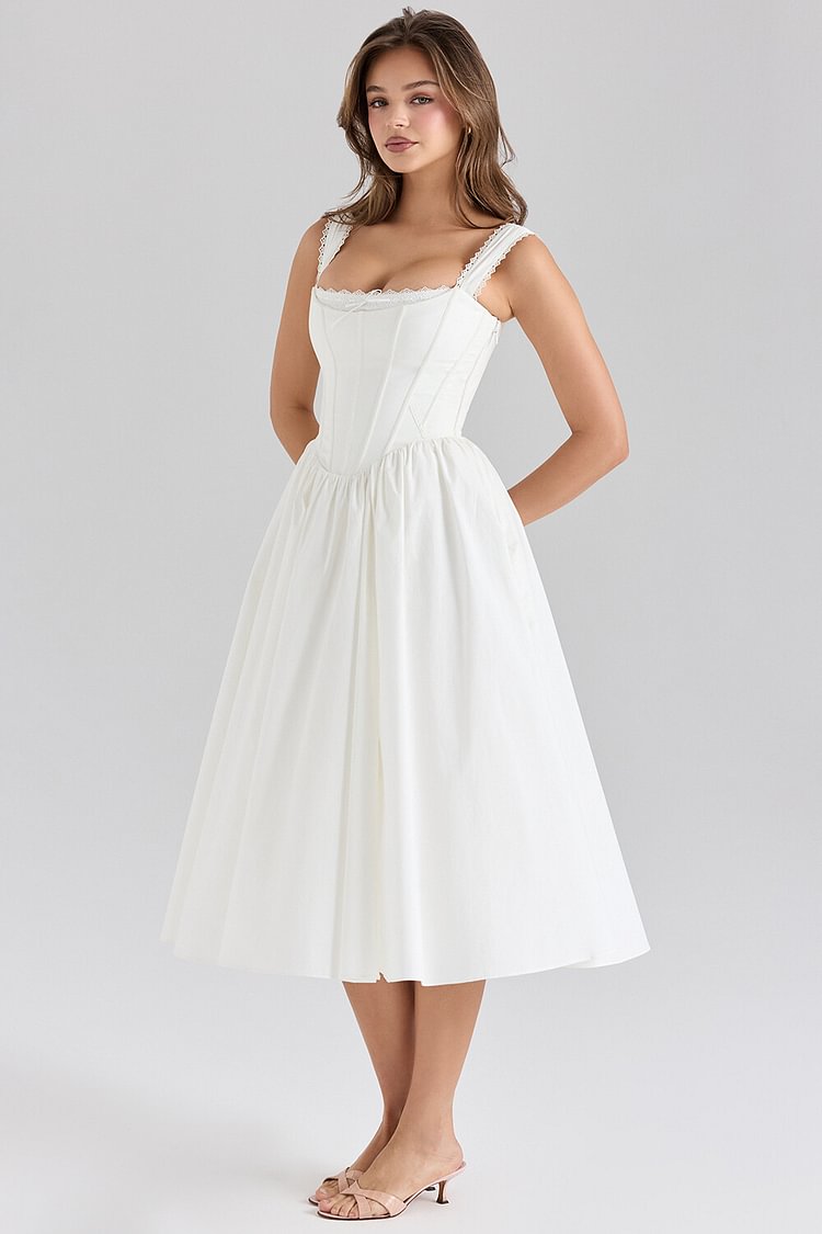 Conception de corset avec bretelles larges, robe midi unie