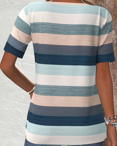 Blouse Rayée Contraste Bouton Décontractée