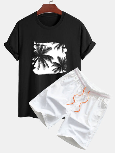 T-shirt en Coton à Imprimé Silhouette de Palmiers & Short de Bain