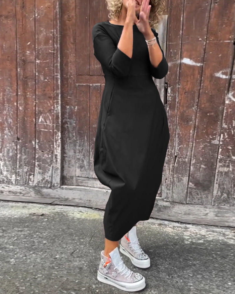 Laura| Robe élégante à manches longues, de couleur unie, avec poches