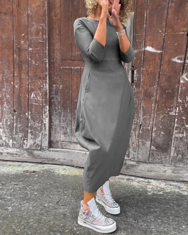 Laura| Robe élégante à manches longues, de couleur unie, avec poches