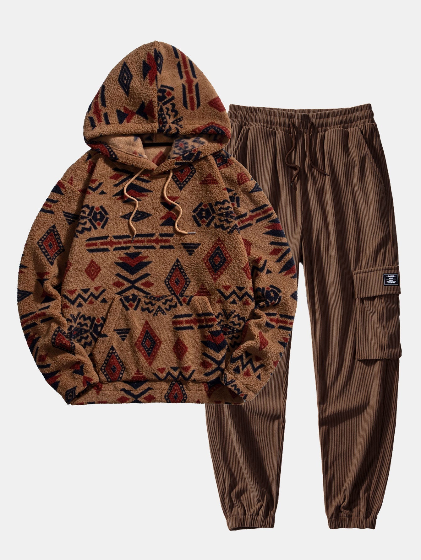 Sweat à capuche en peluche à imprimé aztèque et pantalon de jogging cargo en velours côtelé à cordon de serrage
