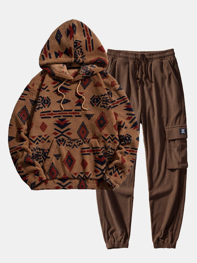Sweat à capuche en peluche à imprimé aztèque et pantalon de jogging cargo en velours côtelé à cordon de serrage