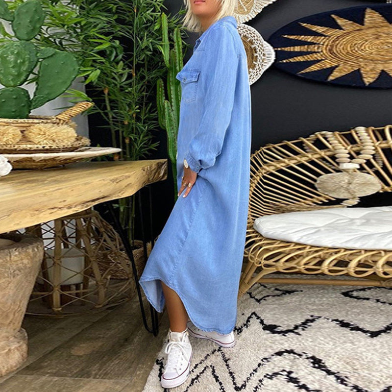 Ines - Robe Maxi à Manches Longues en Denim