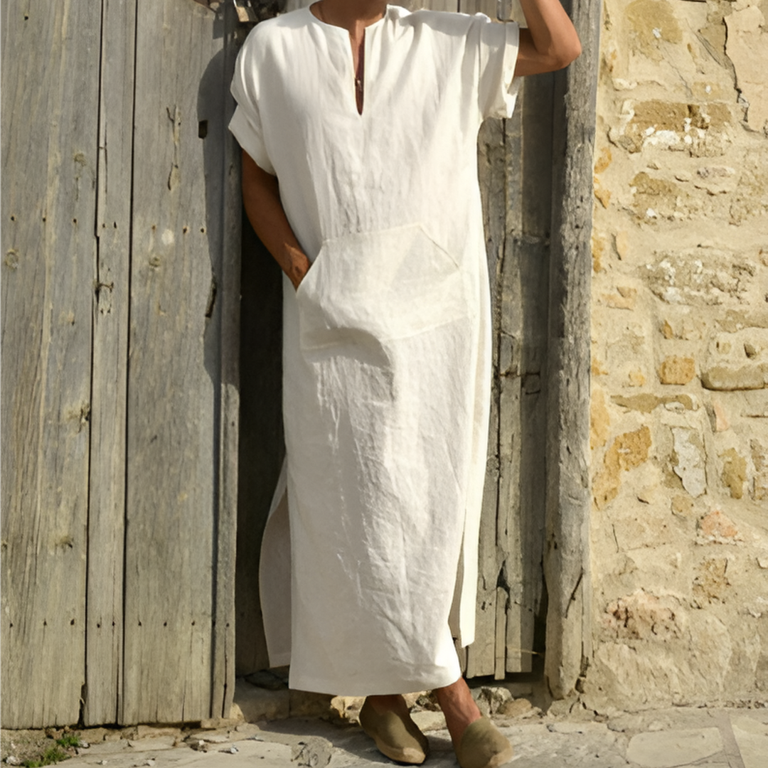 Robe longue homme – Coupe décontractée – Tissu respirant – Col en V – Manches courtes