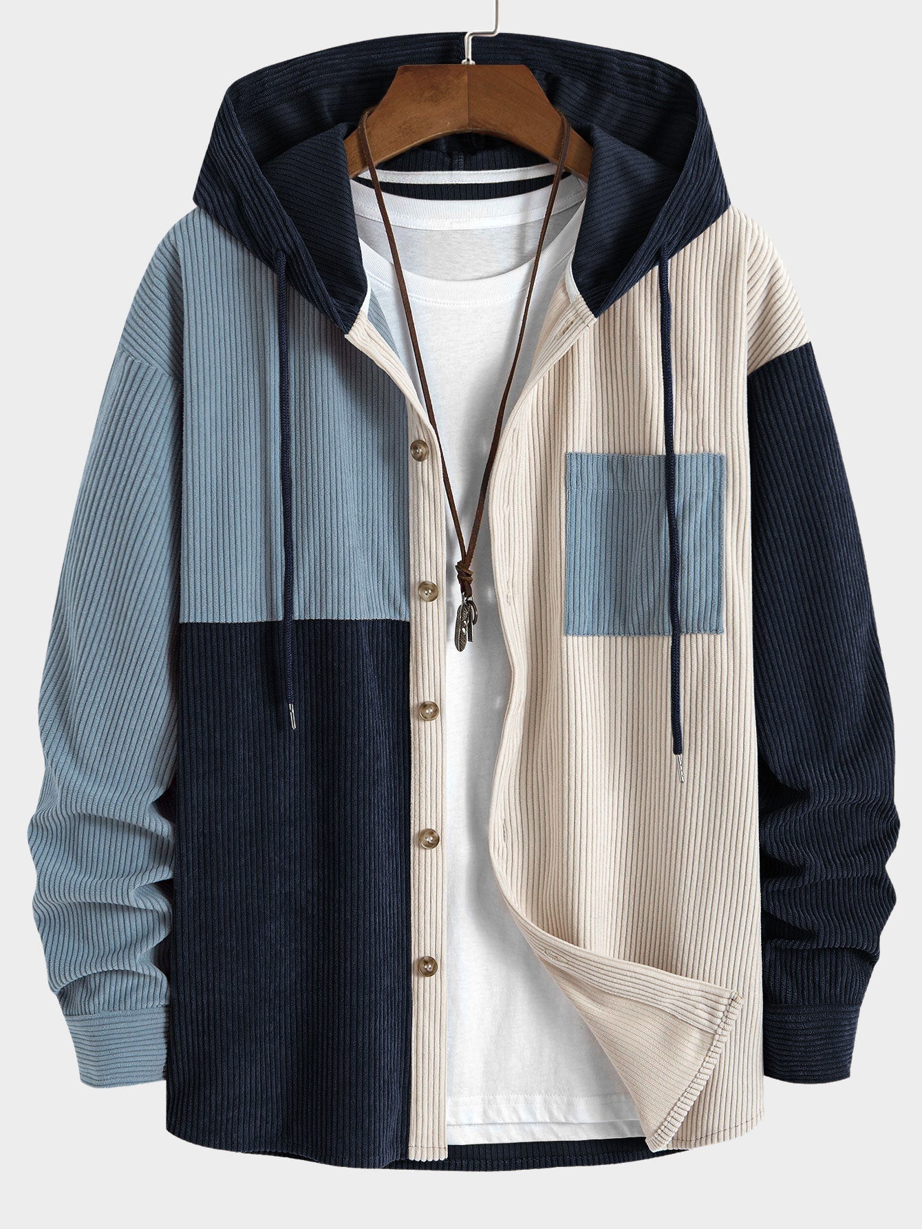 Chemise à capuche en velours côtelé colorblock coupe décontractée et pantalon droit en velours côtelé