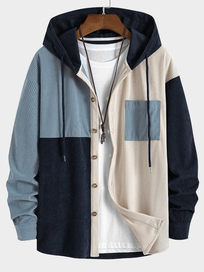 Chemise à capuche en velours côtelé colorblock coupe décontractée et pantalon droit en velours côtelé