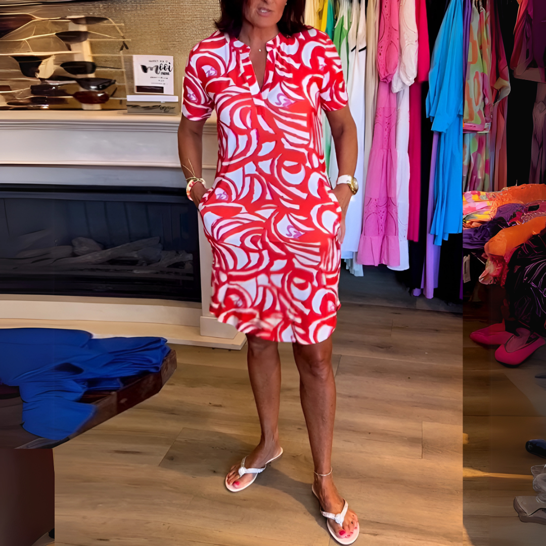 Hellene™ | Robe Fluide à Imprimé Artistique Rouge