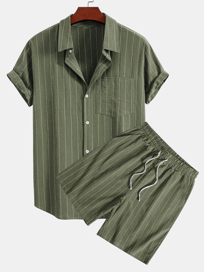 Ensemble Décontracté : Chemise Rayée Style Lin & Short à Cordon