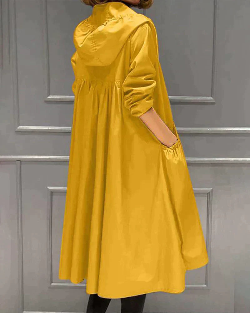Veste imperméable femme – Coupe ample – Longueur genou – Capuche – Manches longues – Poches fonctionnelles – Fermeture zippée