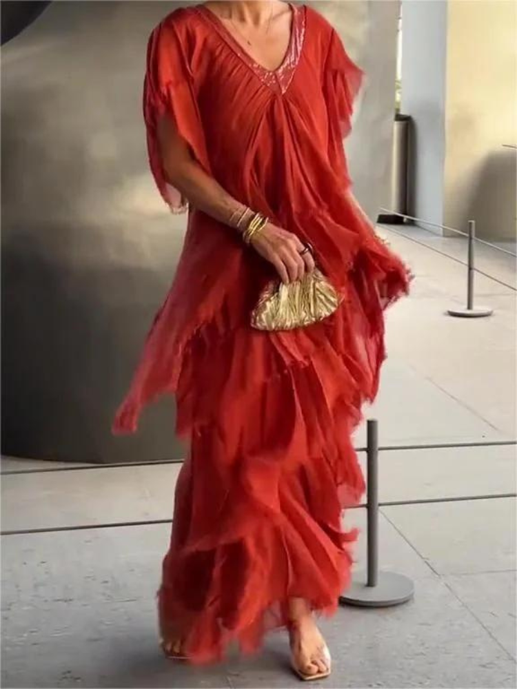 SAVANE | Vestito Lungo Fluido con Scollo a V Elegante