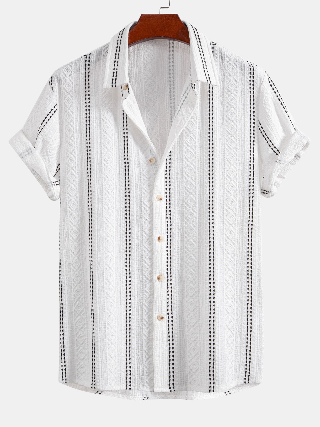 Ensemble Estival : Chemise Jacquard à Rayures Géométriques & Short Froissé à Cordon