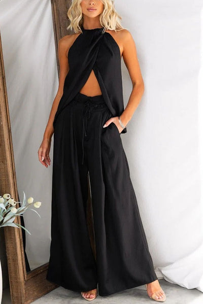 Ensemble haut fendu et pantalon taille haute en lin mélangé