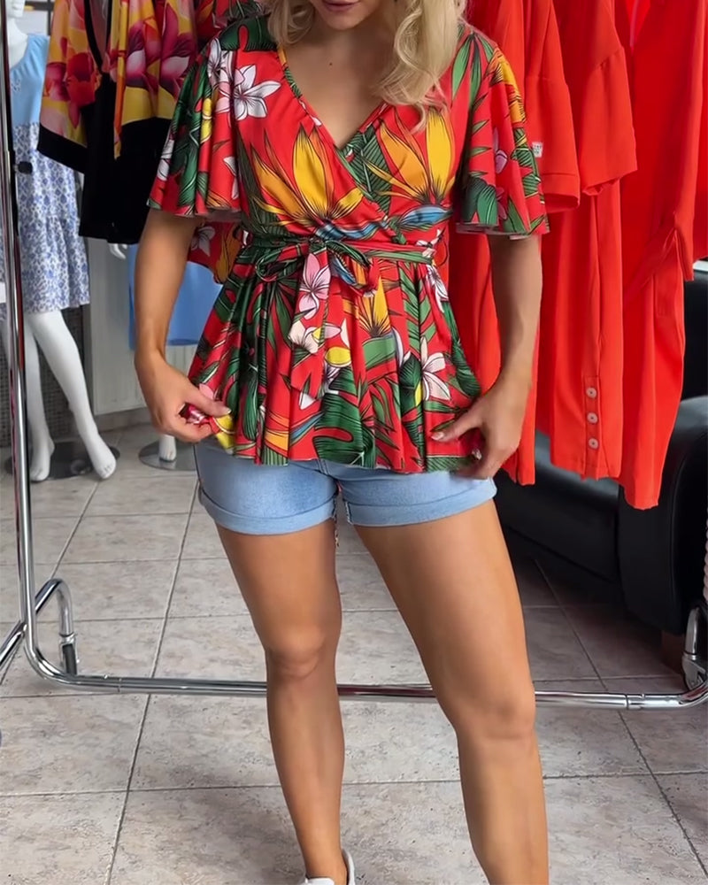 Blouse Col En V Manches Courtes Taille
