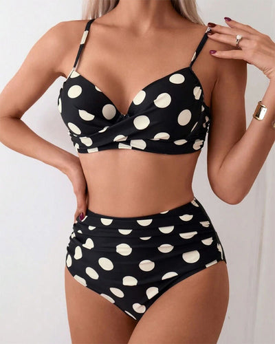 Maillot de bain Style BH à Pois Deux Pièces Taille Haute