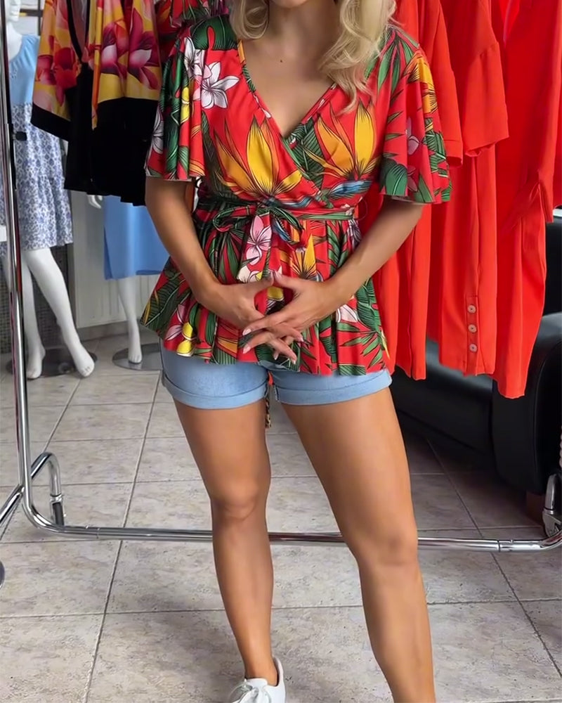 Blouse Col En V Manches Courtes Taille