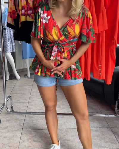 Blouse Col En V Manches Courtes Taille
