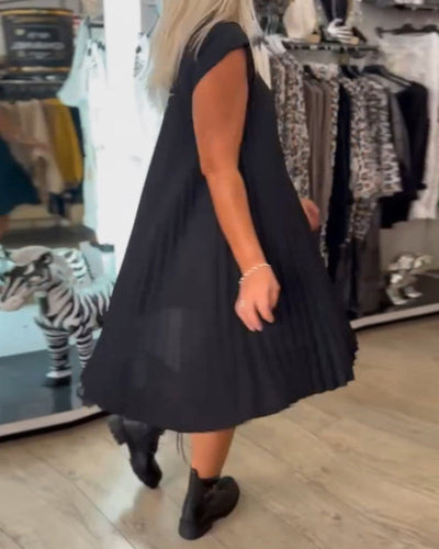 Robe décontractée plissée de couleur unie à col rond