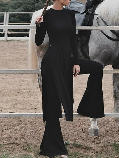 Ensemble haut long fendu et pantalon évasé moulant