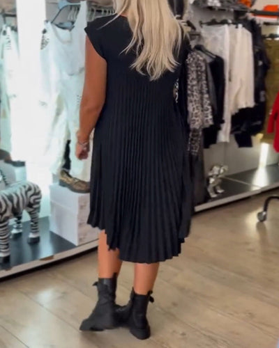Robe décontractée plissée de couleur unie à col rond