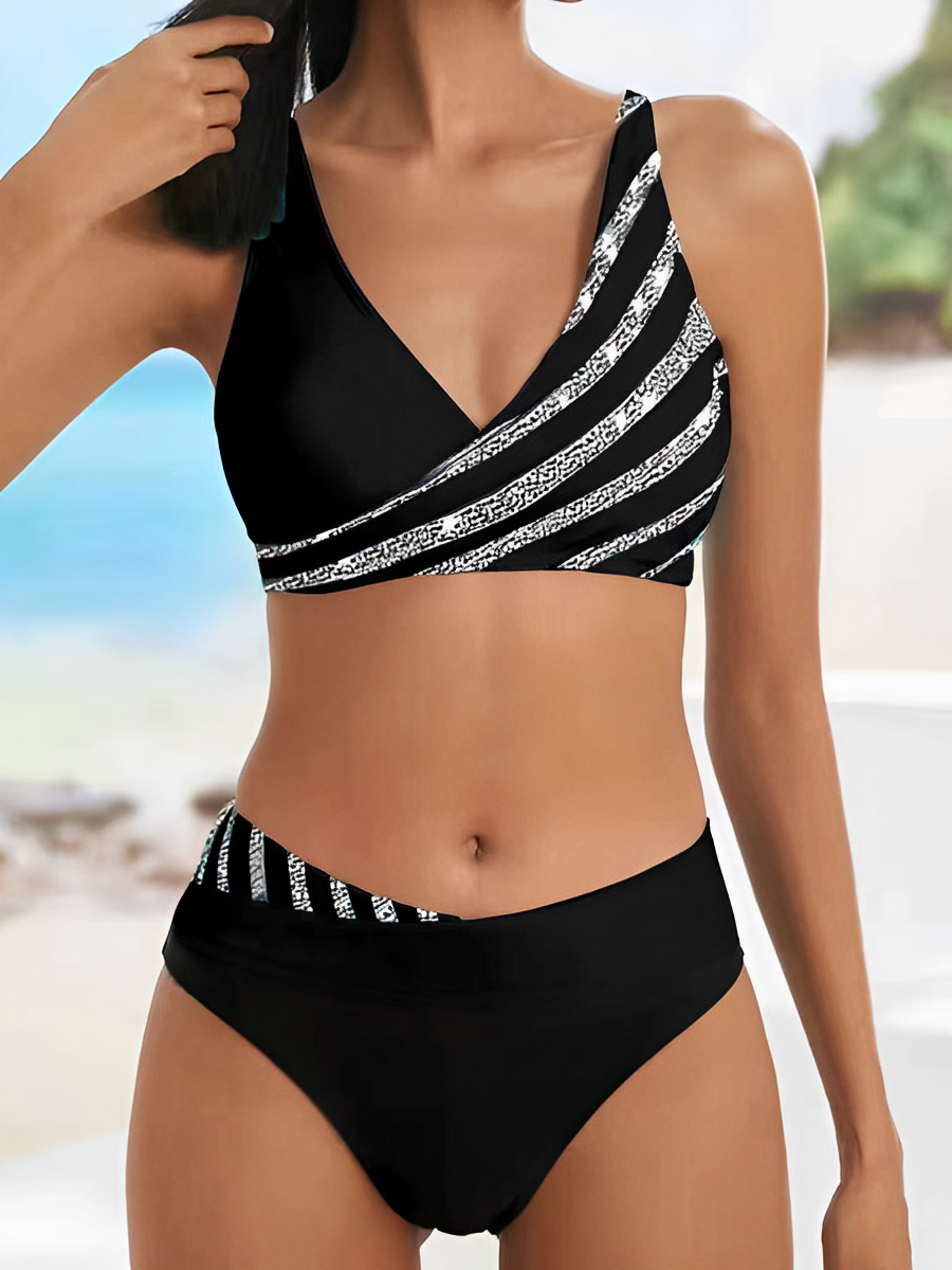Bikini femme – Haut croisé ajusté – Rayures asymétriques – Tissu respirant extensible