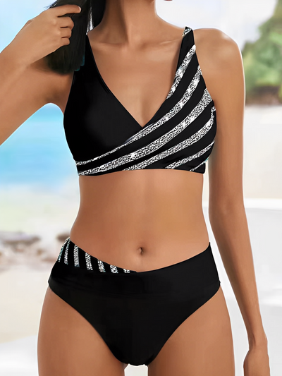 Bikini femme – Haut croisé ajusté – Rayures asymétriques – Tissu respirant extensible