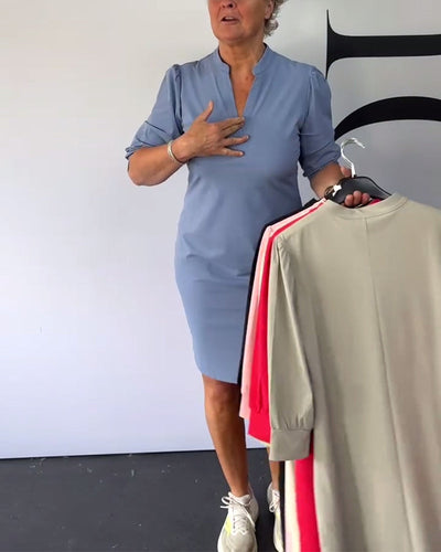Robe Col En V Couleur Unie Coupe Droite Hanche