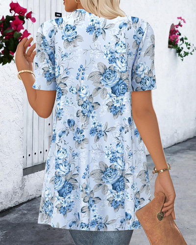 Blouse Imprimée Asymétrique Manches Courtes