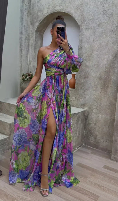 Robe longue femme – Épaule dénudée – Fente haute – Imprimé fleuri – Tissu fluide