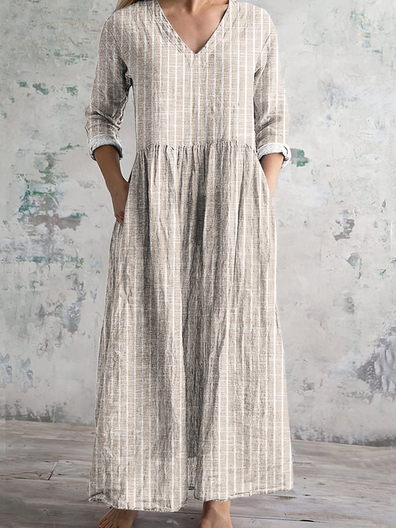 Robe longue femme – Fibres naturelles – Coupe ample – Manches longues – Rayures – Col V