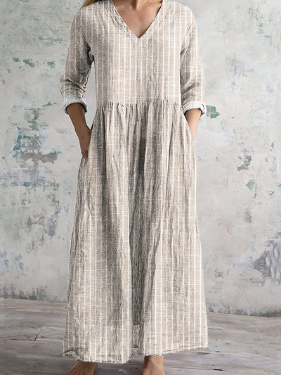 Robe longue femme – Fibres naturelles – Coupe ample – Manches longues – Rayures – Col V