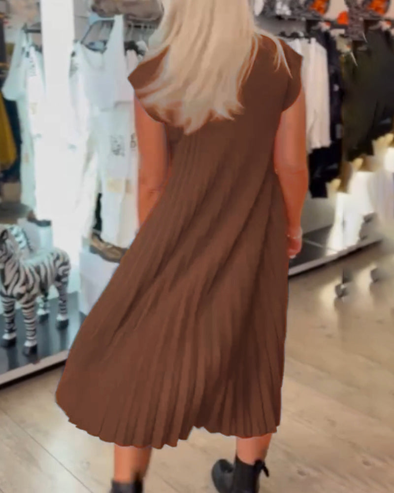 Robe décontractée plissée de couleur unie à col rond