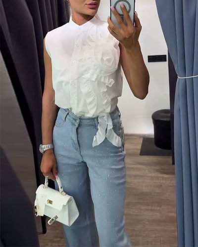 Blouse Mode Uni Couleur Fleur Tridimensionnelle Sans Manches