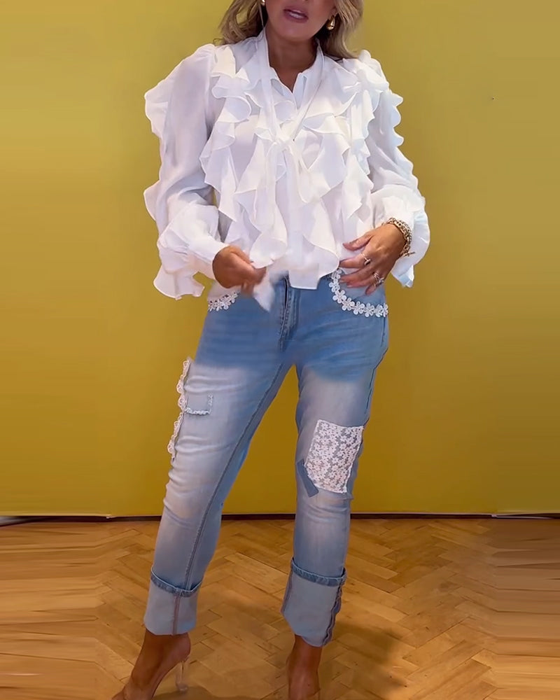 Blouse À Volants Style Français Manches Longues