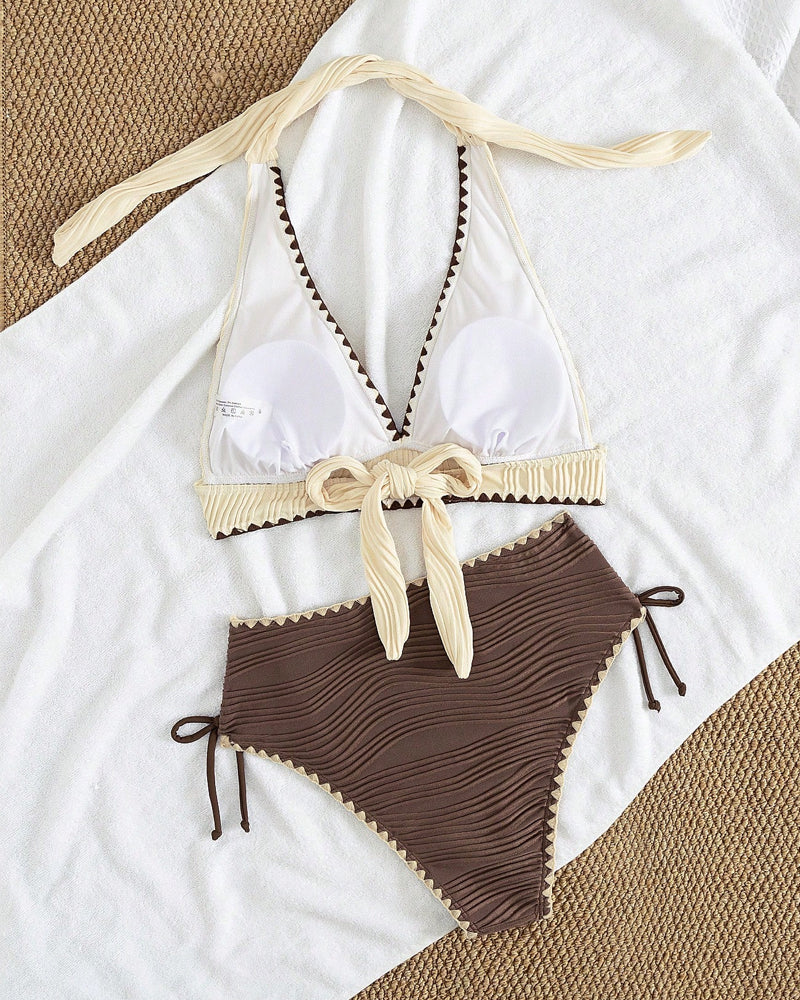 Bikini Two-Piece Set Avec Col Halter et Design Couleurs Contraste