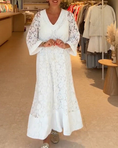 Robe Décolleté V Dentelle Fleur Ample