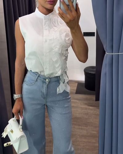 Blouse Mode Uni Couleur Fleur Tridimensionnelle Sans Manches