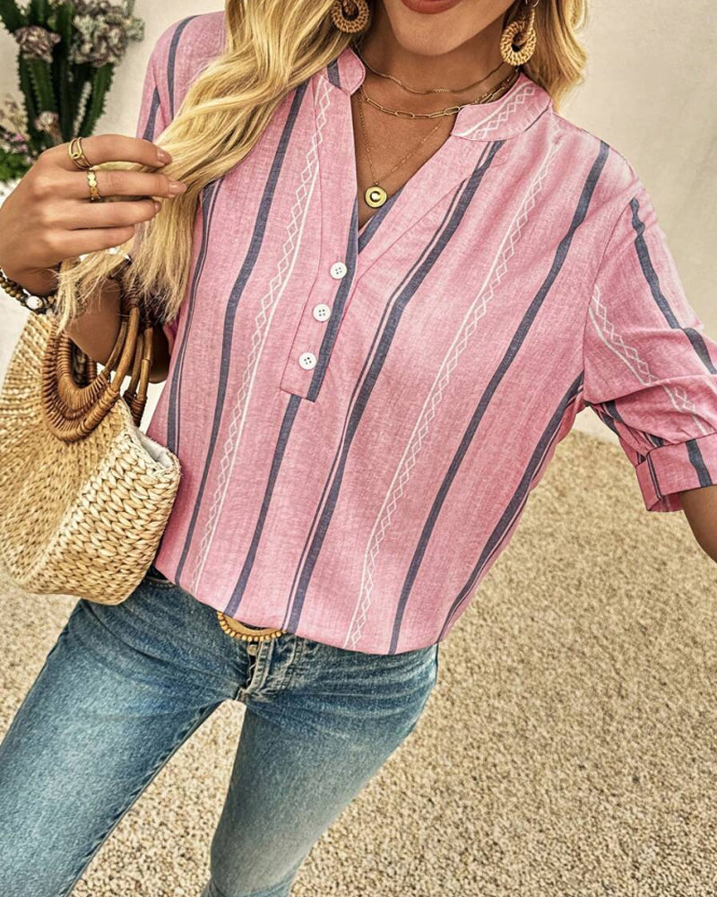 Blouse Col En V Décontracté Rayée