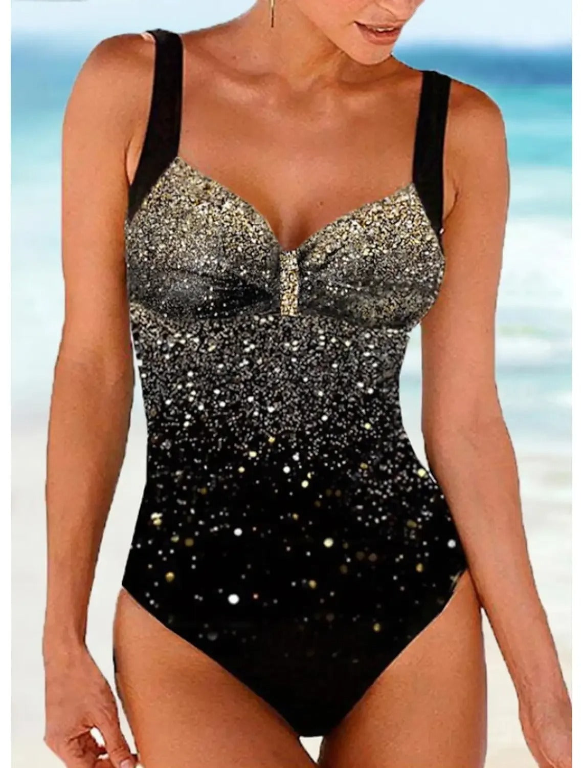 Maillot de bain une pièce femme – Coupe galbante – Soutien-gorge intégré – Imprimé effet sequins
