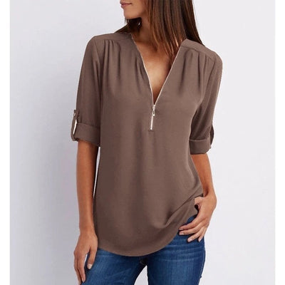 Blouse femme – Coupe ample – Tissu respirant – Demi-zip – Manches 3/4 retroussables