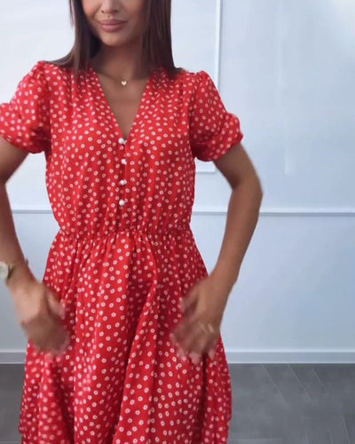 Robe Imprimé À Pois Boutonné Col En V