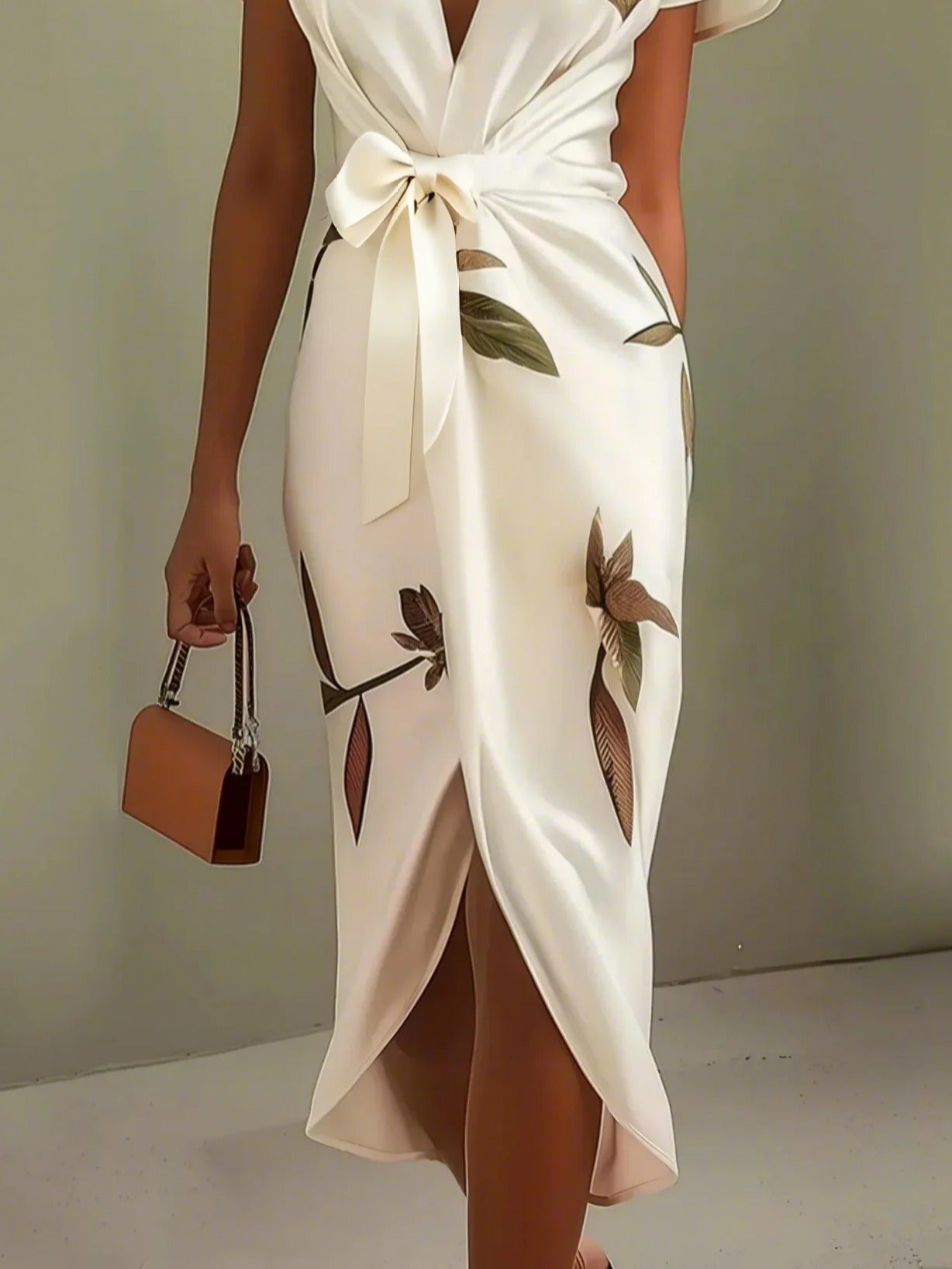 Robe mi-longue en satin à manches courtes
