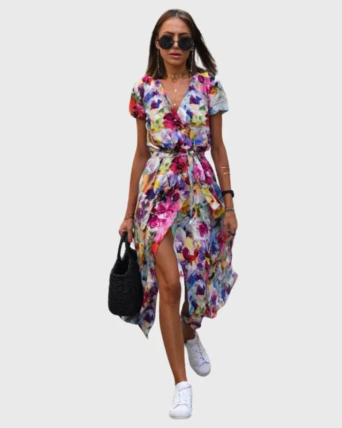 Morgane™ | Robe cache-cœur midi avec des fleurs vibrantes