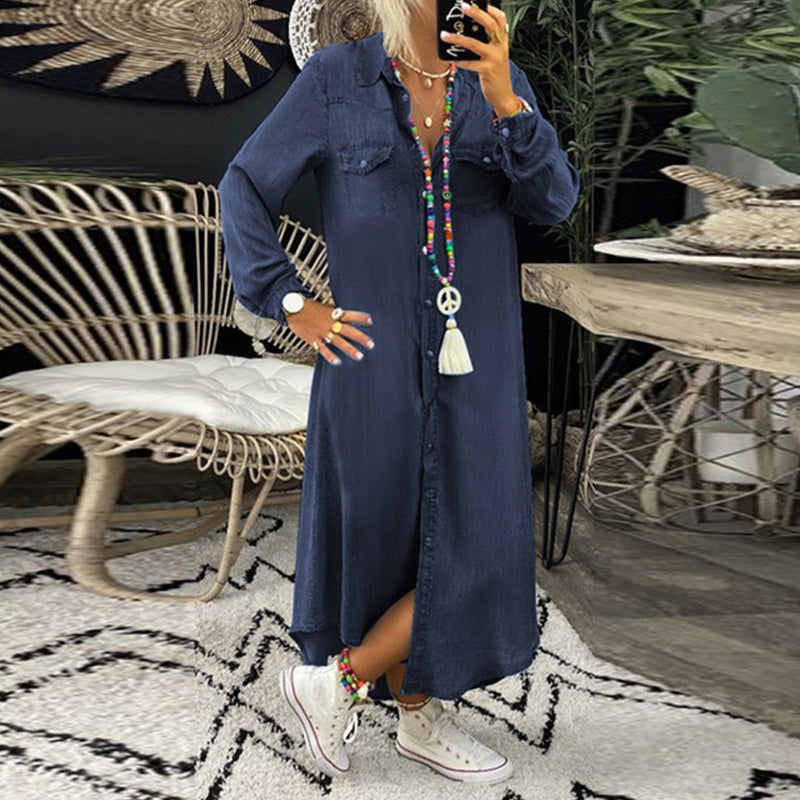 Ines - Robe Maxi à Manches Longues en Denim