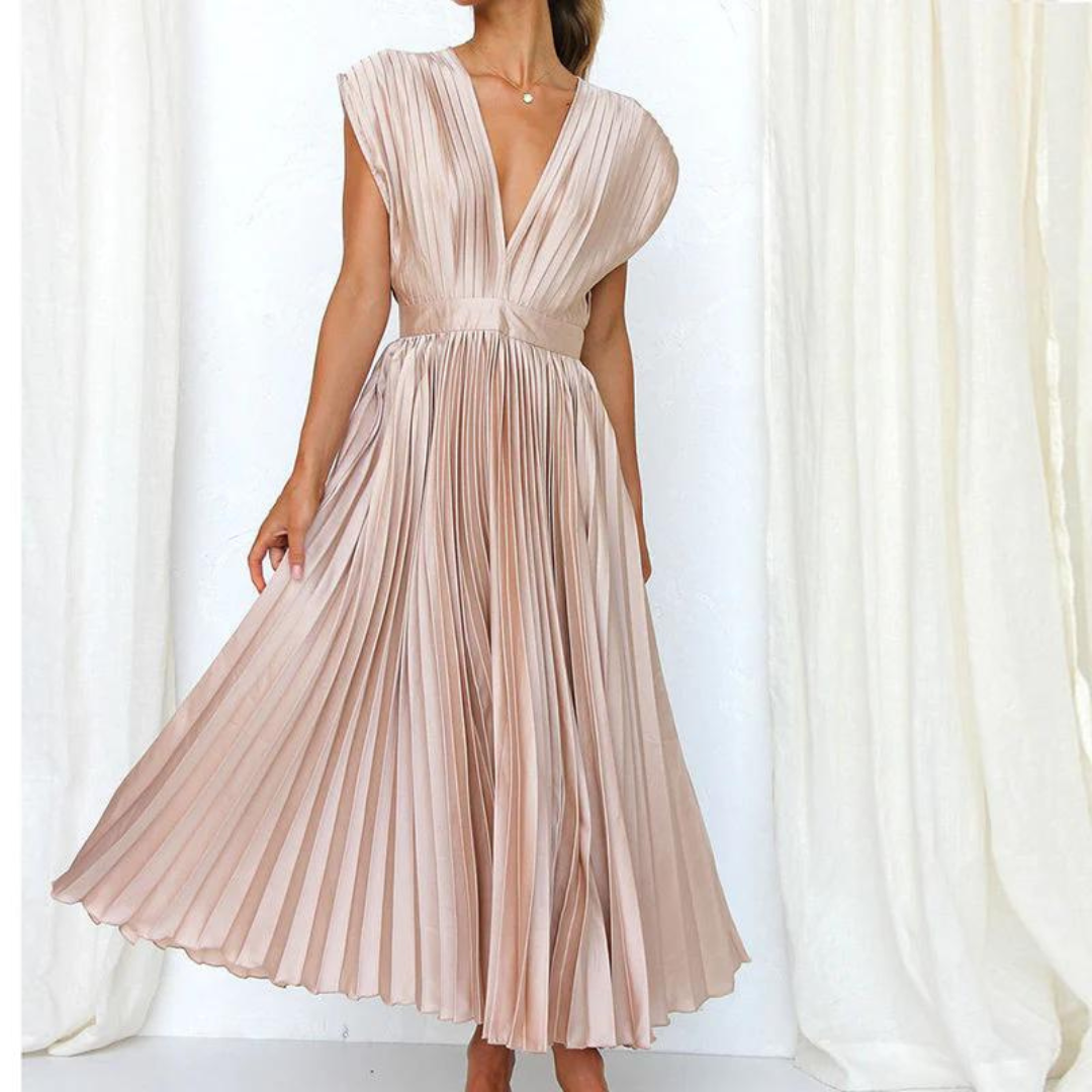 Robe midi femme – Coupe évasée – Tissu luxueux – Col en V – Plissée élégante
