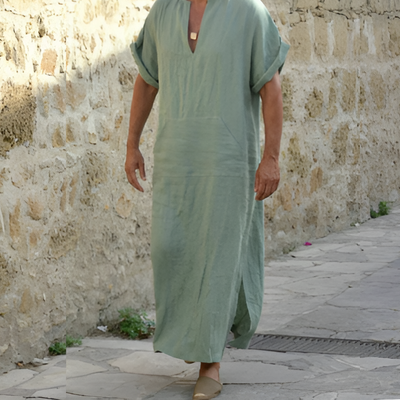 Robe longue homme – Coupe décontractée – Tissu respirant – Col en V – Manches courtes
